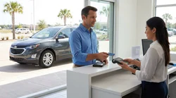 Traveler handing a credit card to an agent at a Texas car hire counter