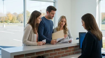 Customer handing documents to an agent at a car rental counter in Pennsylvania