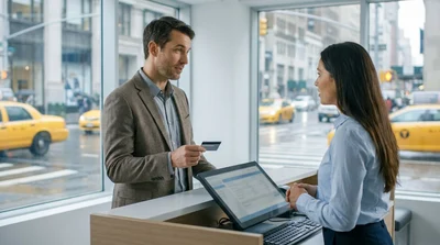 Close-up of a person handing a credit card to an agent at a New York car hire desk