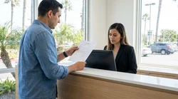 Person holding a paper document and keys next to a car rental vehicle in California