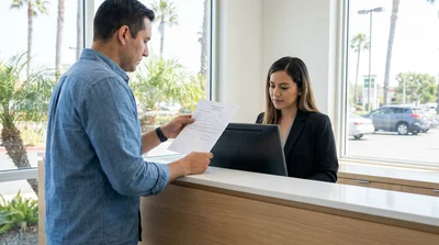 Person holding a paper document and keys next to a car rental vehicle in California