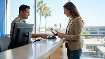 Person holding a physical credit card at a car hire desk in California