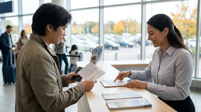 Person holding an International Driving Permit behind the wheel of a car rental in Pennsylvania