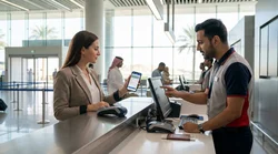 Traveler with luggage holding a smartphone at a car hire desk in Las Vegas