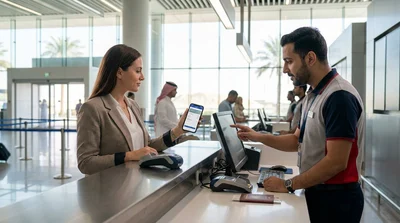 Traveler with luggage holding a smartphone at a car hire desk in Las Vegas