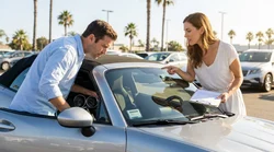 Close-up of hands signing a car hire agreement next to a set of keys in California