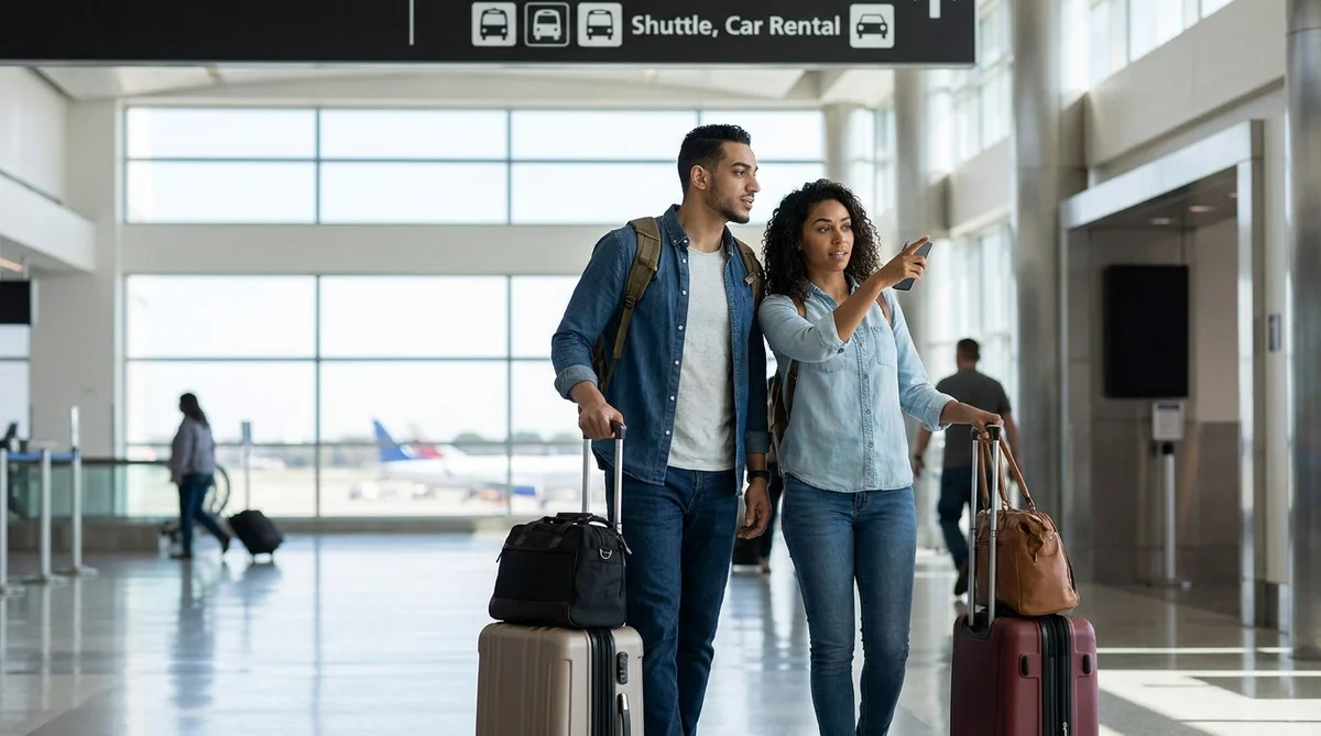 Travelers with luggage walking toward a car hire shuttle bus outside JFK Terminal 4 in New York