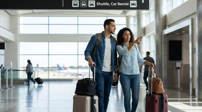 Travelers with luggage walking toward a car hire shuttle bus outside JFK Terminal 4 in New York