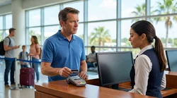 Customer handing a credit card to a staff member at an Orlando car rental desk