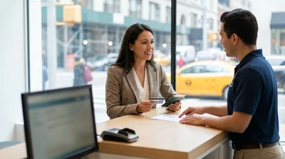 Customer handing a credit card to an agent at a car hire desk in New York