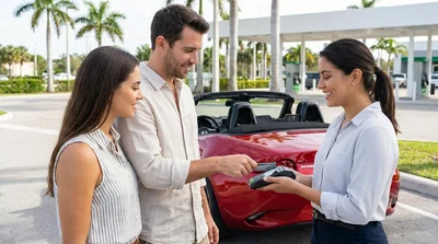 Customer handing a credit card to an agent at a car rental desk in Florida
