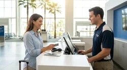 Traveler handing a credit card to a staff member at a sunny Florida car hire desk