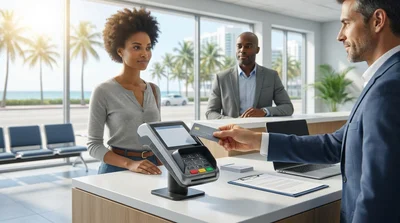 Customer paying with a credit card at a Miami car rental desk