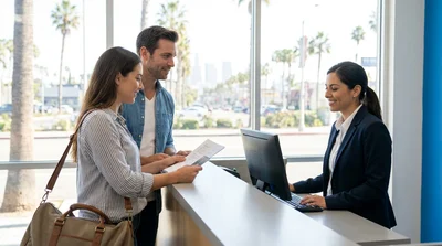 Customer handing paperwork to an agent at a car rental desk in California