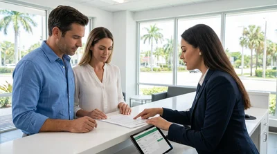 A person reviewing car rental paperwork next to a white SUV parked under palm trees in sunny Florida