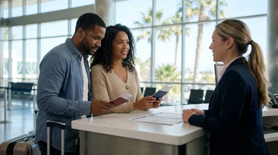 A tourist showing a passport and driver's license at a car rental counter in California