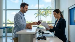 Tourist holding an open passport next to a parked vehicle in a sunny Florida car rental lot