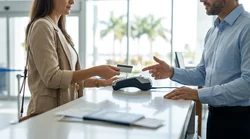 Close-up of a driver handing a credit card to an agent at a car hire counter in Miami