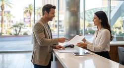 Customer receiving keys from a staff member at a Las Vegas car rental counter