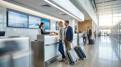Travelers with luggage walking towards a car hire counter inside Miami airport
