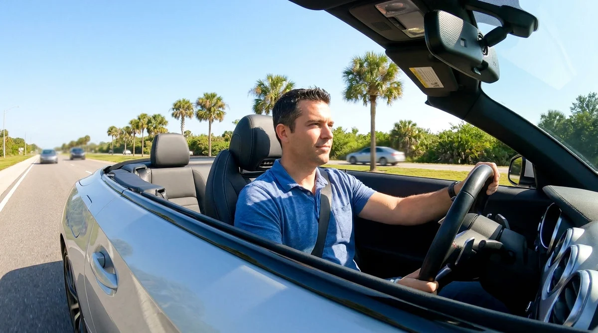 Driver's hands on the steering wheel of a car rental on a sunny Florida highway surrounded by palm trees