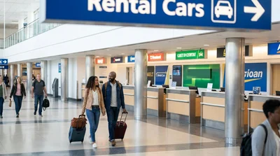 Traveler with luggage standing at a car rental counter inside Philadelphia Airport in Pennsylvania