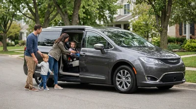 Parent securing a young child into a car seat inside a Pennsylvania car rental