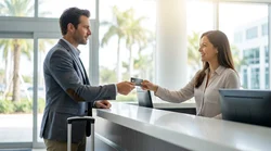 Close-up of a person handing a corporate credit card to an agent at a car hire desk in Miami