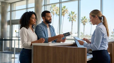 Person receiving keys for a car rental at a bright service desk in California