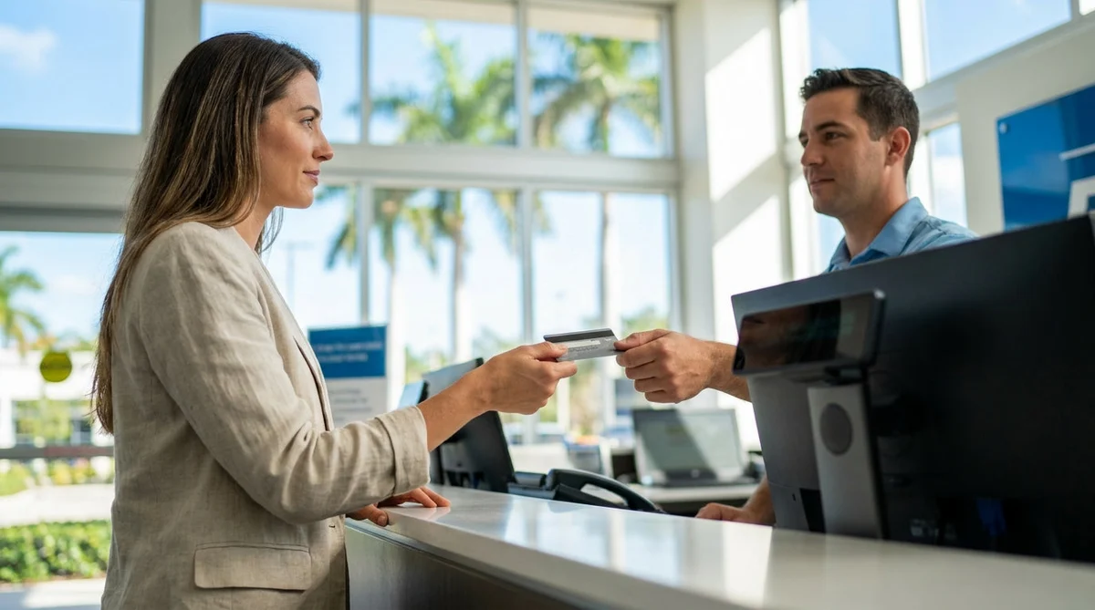 Person handing a credit card to an agent at a Florida car rental counter
