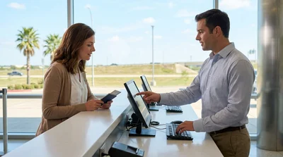 A traveler holding an open passport and keys at a car rental desk in Texas