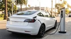 White electric car rental plugged into a public charging station on a sunny highway in California