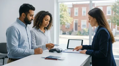 Customer handing a credit card to an agent at a car rental counter in Pennsylvania