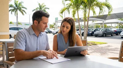 Person signing a car rental agreement on the hood of a vehicle parked under palm trees in Florida