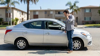 A white car rental with a shattered side window parked on a sunny street in Los Angeles