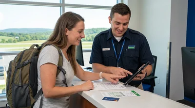 Person reviewing car rental paperwork and holding keys next to a vehicle in Pennsylvania