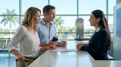 Person showing documents to an agent at a car rental desk in a sunny Florida airport