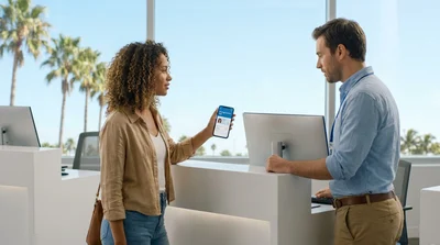 Person holding a smartphone displaying a digital ID at a car rental counter in Florida