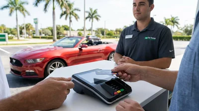 Customer handing a credit card to an agent at a Florida car hire desk