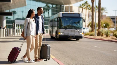 Passengers with luggage boarding a car rental shuttle bus outside Terminal 3 at the Las Vegas airport