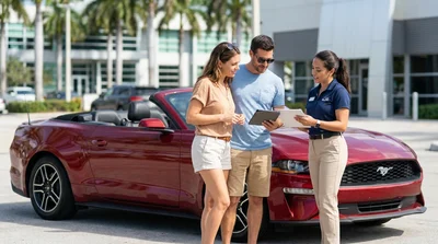 A white car rental driving down a sunny coastal road in Miami surrounded by tall palm trees