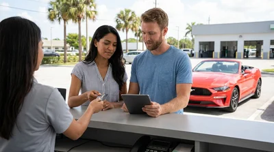 Customer handing a credit card to an agent at a car rental desk in a sunny Florida office