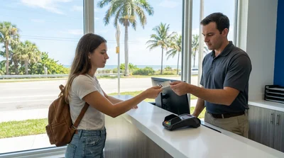 Young driver holding car rental keys next to a parked vehicle under palm trees in Florida