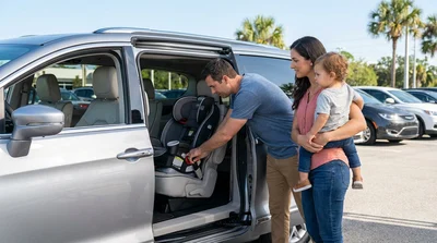 Parent securing a child seat to LATCH points in the back of a car rental in Orlando