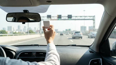 White car rental driving through an E-ZPass toll plaza on a New York highway