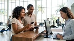 A customer showing booking documents to an agent at a car hire desk in Miami
