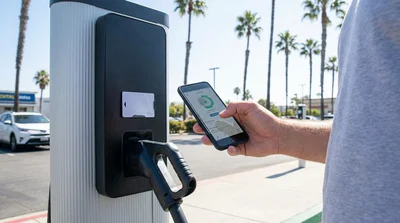 White electric car rental plugged into a charging station on a sunny palm-lined street in California