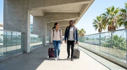 Travelers with luggage boarding a car rental shuttle bus at the Los Angeles Metro Transit Center