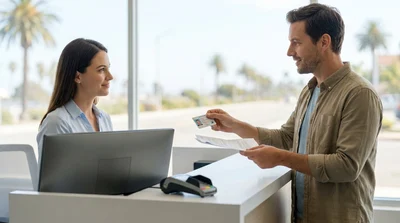 Person holding a photocard driving licence and keys beside a car rental vehicle in sunny California