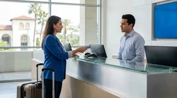 Customer paying with a credit card at a car hire desk in San Francisco